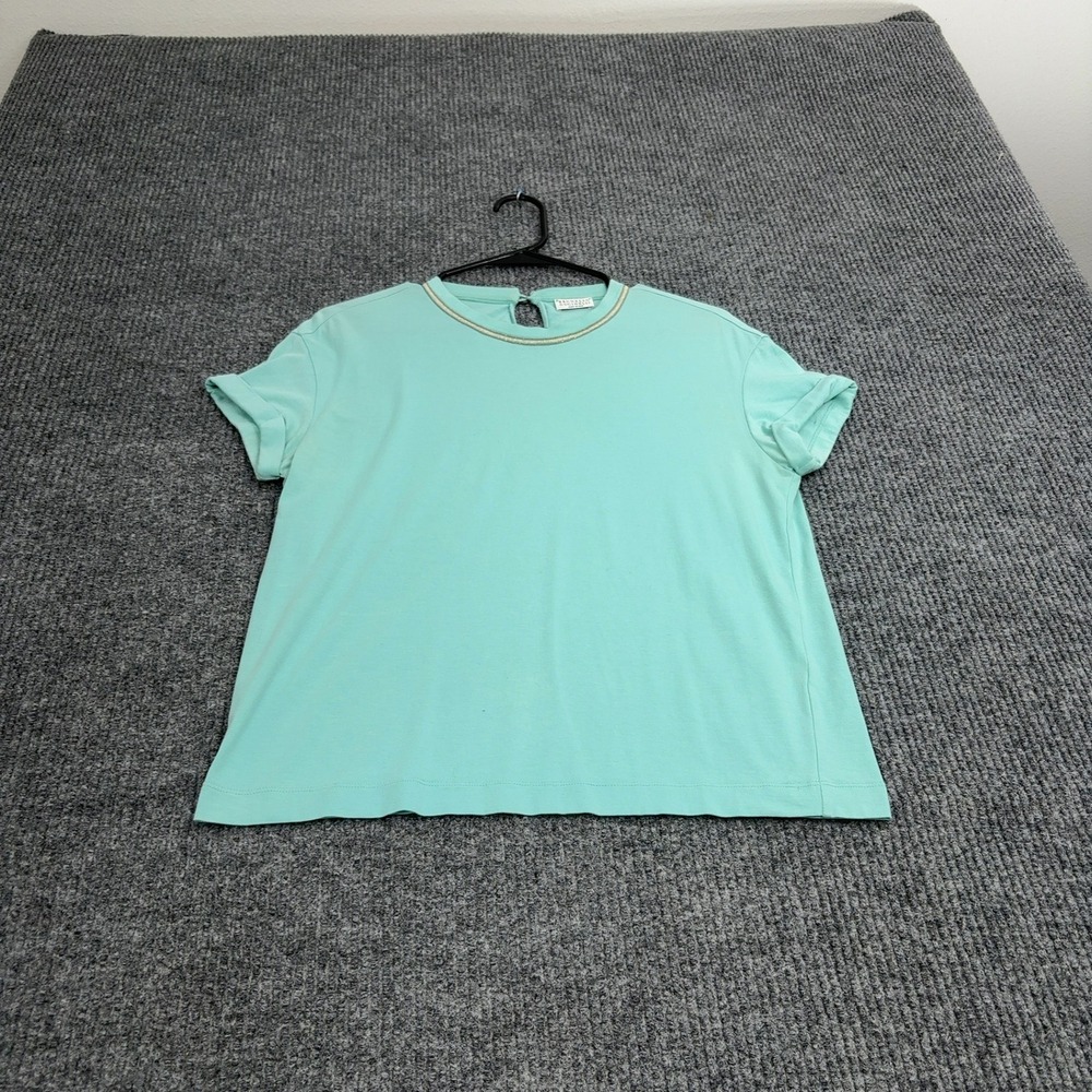 Brunello Cucinelli T Shirt Womens Turquoise Cotton Monili Beaded Trim Luxury
